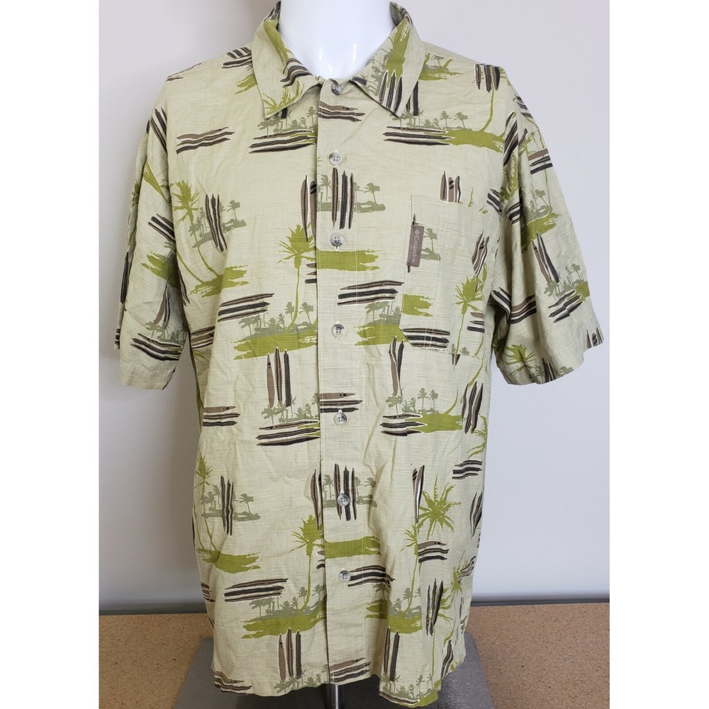 Columbia XCO Tan Green Brown Short Sleeve Button Front Palms Shirt Mens Sz Large